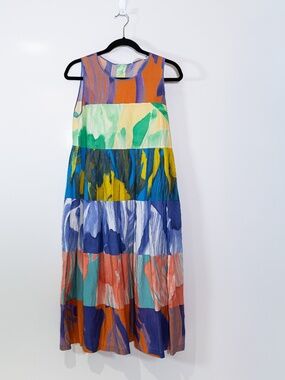 Odeeh Made In Italy Cotton Scoop Neck Sleeveless Tiered Midi Printed Dress Small